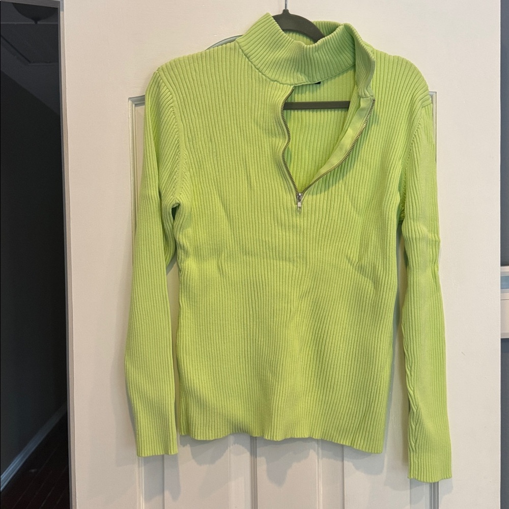 Lime Green Ribbed Zip-Up Sweater